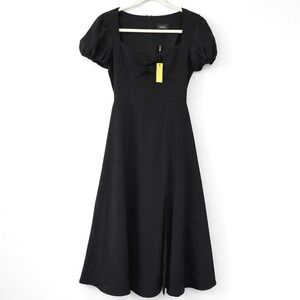 Alexia Admor Black Midi Dress Size 2 Puff Sleeve Square Neck Modern Romantic